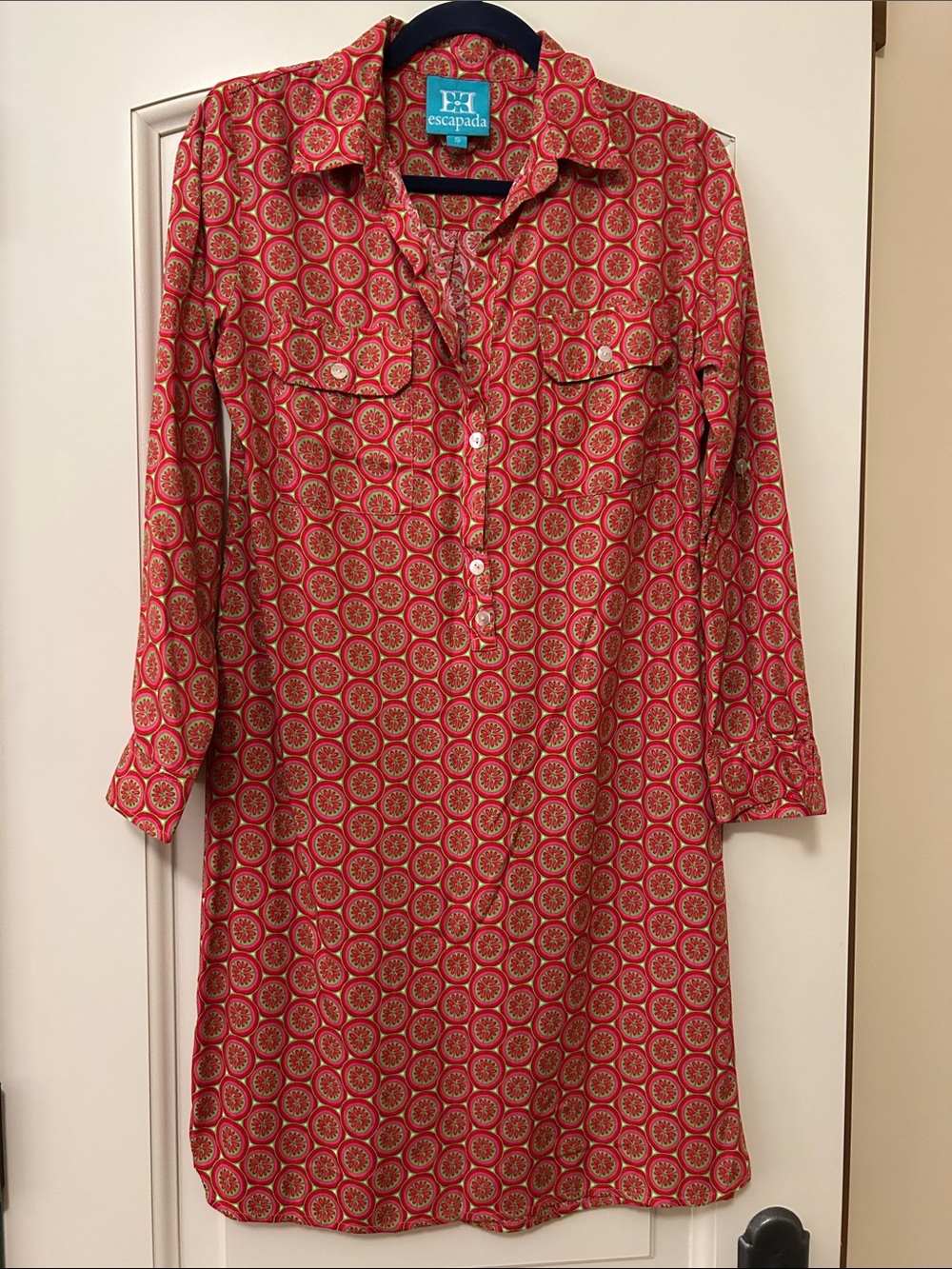 escapada Red and Gold Printed Long-Sleeve Shirt Dress…This Print